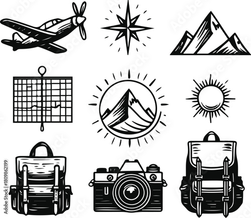 9 mini line drawings (plane, map, compass, tent, mountain, camera, sun, backpack, location pin), simple black outline vector 1