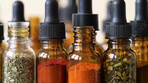 Herbal ingredients in amber bottles, displayed with droppers, blurred background for alternative medicine and wellness
