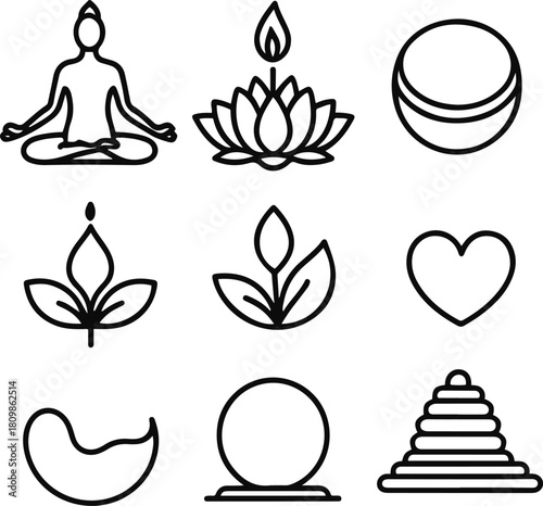 9 simple icons (yoga pose, candle, lotus, leaf, tea cup, moon, heart, wave, rock balance), thin lines, minimal contour vector 1
