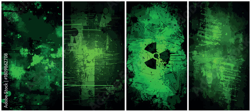 Abstract glowing green digital art with glitch effects and a prominent radiation symbol suggesting danger and technology