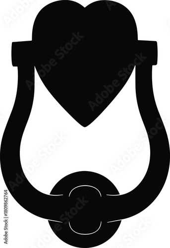 Classic black silhouette of a heart shaped door knocker on a white background