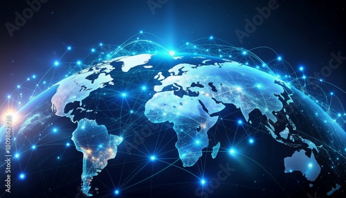 Global network connecting continents with digital lines and bright glowing nodes, representing worldwide data flow and international communication networks