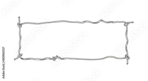 Continuous thin line drawing rectangular frame border made of tied up knotted rope or cord outline