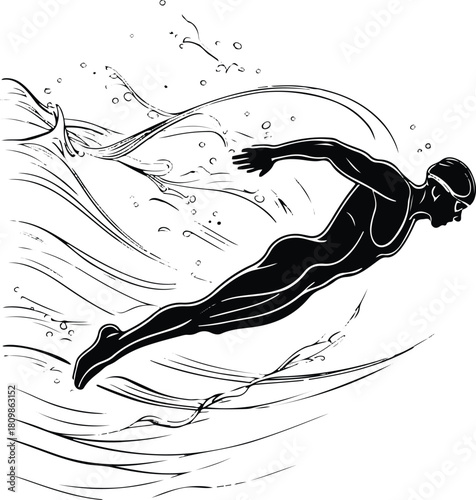 clean line illustration of a swimmer with water-motion strokes around arms and waves, thin black contour, vector style