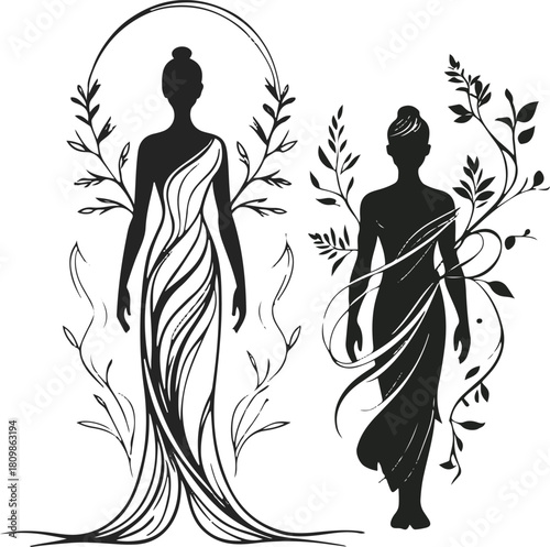  Earth guardian silhouette, minimal human figure with flowing botanical strokes, grounded spiritual tone, black line vector.