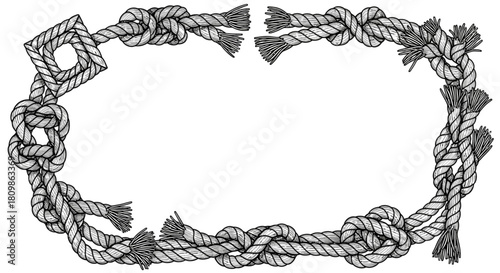 Detailed vector illustration of nautical braided rope frame border tied with various strong knots