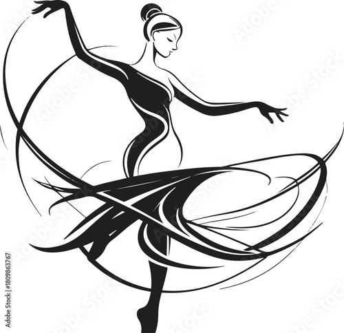 elegant dancing figure with sweeping motion curves around the arms and body, minimal line vector 1