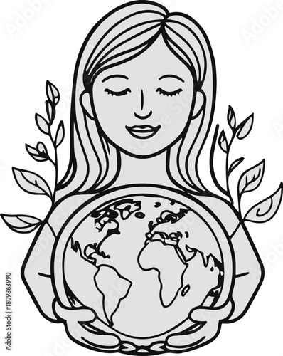 Line art teacher holding earth symbol, elegant minimal outline, leaves sprouting from globe, soft grounded aesthetic, white background
