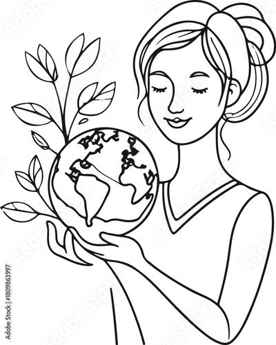 Line art teacher holding earth symbol, elegant minimal outline, leaves sprouting from globe, soft grounded aesthetic, white background 1