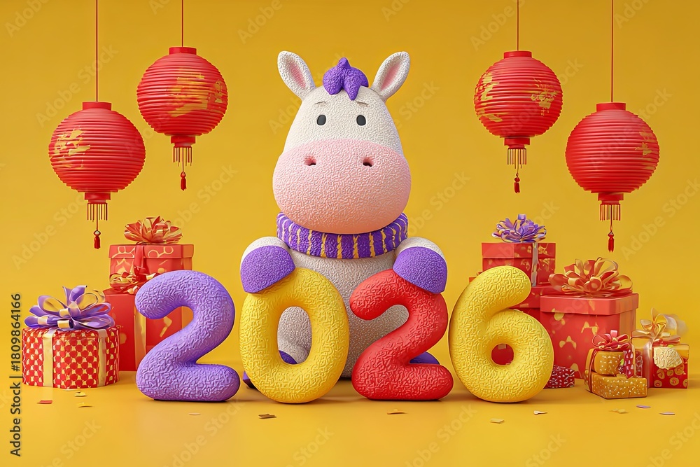 Obraz premium Knitted toy horse in scarf with number 2026 balloons, Chinese lanterns, and gift boxes on yellow background. Studio holiday composition. Chinese New Year and Lunar celebration concept. 