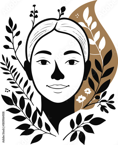 Nature guide silhouette, elegant line art of a person showing botanical elements, grounded earthy vibe, clean vector outline 1