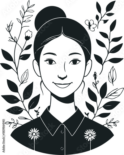 Nature guide silhouette, elegant line art of a person showing botanical elements, grounded earthy vibe, clean vector outline