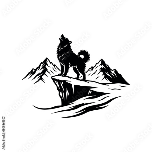 Samoyed Howling on Cliff at Night - Black Vector