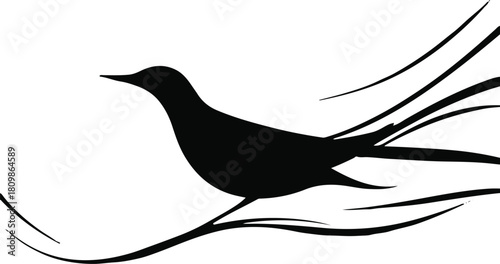 simple black line art bird silhouette with flowing motion strokes, white background, minimal vector composition 1