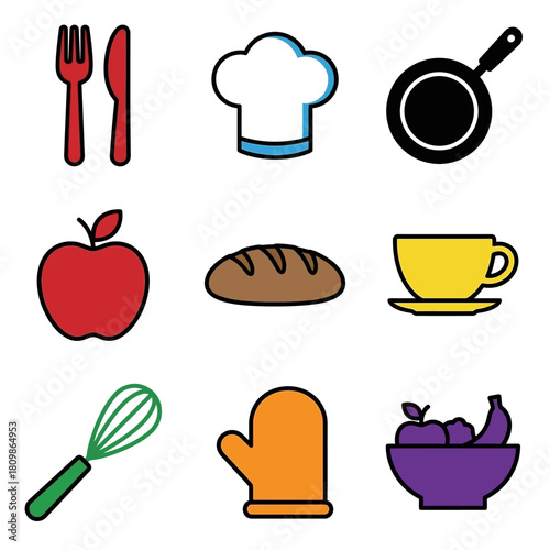 Diverse set of culinary-themed vector icons, showcasing kitchenware, fresh ingredients, and essential cooking tools in a vibrant flat design style for various food-related projects