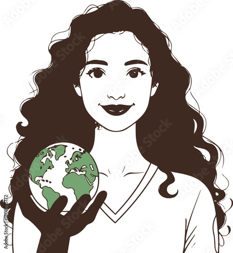Woman teaching earth care, continuous line art, hand pointing to small globe with leaves, minimalist eco-friendly theme, black on white
