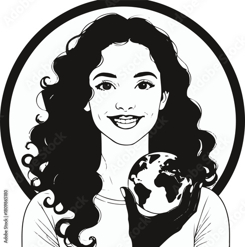 Woman teaching earth care, continuous line art, hand pointing to small globe with leaves, minimalist eco-friendly theme, black on white 1