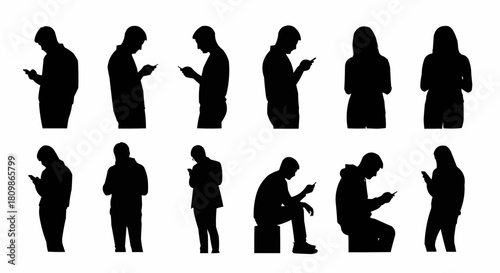 Set of black silhouettes of people using their smartphones.