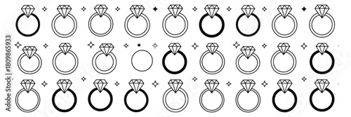 Diamond ring vector set, engagement and wedding designs, romantic concept, ideal for wedding stationery, branding, love-themed visuals, vector illustration, digital graphic for websites, apps, 