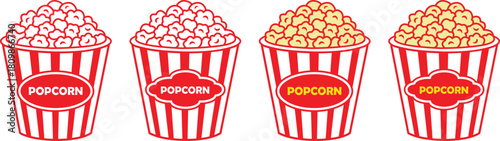 Popcorn bucket silhouette icons set. Minimalist red and white stripes popcorn bucket vector illustration, isolated on transparent background. Eps 10