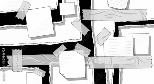 Collage of Torn Paper Pieces with Tape on Black Background.