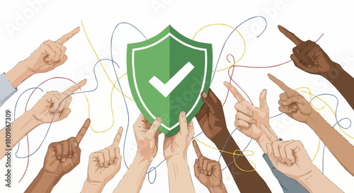 Diverse hands pointing at a green shield with a checkmark, symbolizing security and agreement.