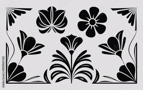 Black floral ornamental design elements Keywords: floral, ornament, design, element, black