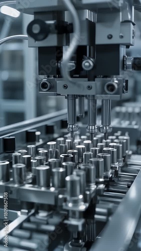 Wallpaper Mural A close-up of automated machinery precisely assembling components in a manufacturing process on a factory floor, exhibiting cool blue tones. Torontodigital.ca