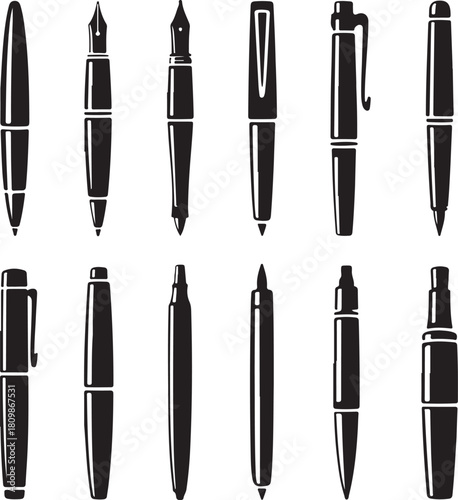Black and White Silhouette Illustration of 9 Pen Types