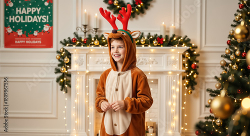 Happy boy in a reindeer costume celebrating Christmas at home. Cheerful child in festive onesie pajamas standing in a decorated room for the winter holidays