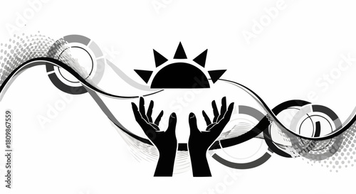 Hands holding sun graphic with abstract waves.