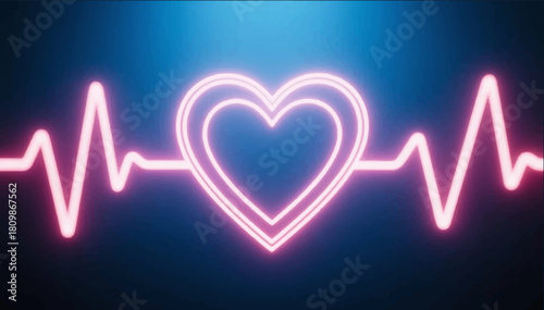 An illustration of a neon pink heart and its pulse hovering in space. Vector graphics. EPS.