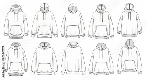 Detailed illustration of various hooded sweatshirts in different styles and designs.