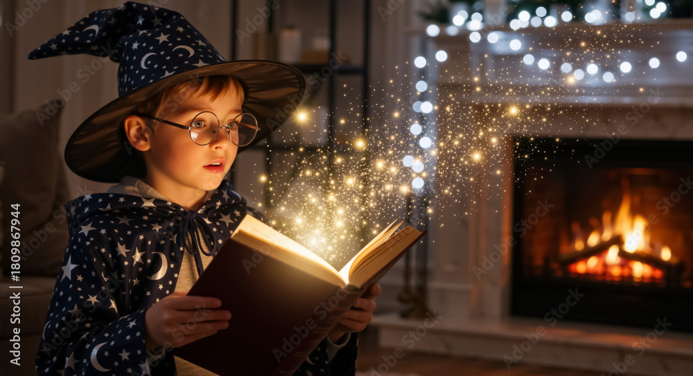 Naklejka premium Young boy in a wizard costume reading a magical glowing book. Child sorcerer casting a spell from a fantasy story by a cozy fireplace at christmas
