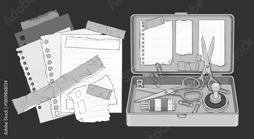 Black and white illustration of an open stationery kit with tools and papers.