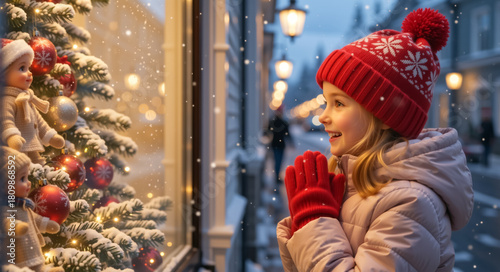 Excited little girl looking at a festive Christmas window display while it's snowing. Happy child in a red hat enjoying the holiday season magic on a city street