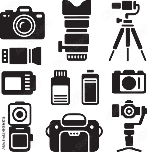 Black and White Silhouette Illustration of 9 Photography Tech Objects