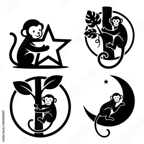 Photography International monkey day four black and white monkey logo designs, silhouette an