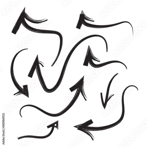 Brush stroke arrows. Rough paintbrush marks, different shapes, messy paint splatter textures, and drawn graffiti pointers. Vector isolated set of arrow brush grunge illustration