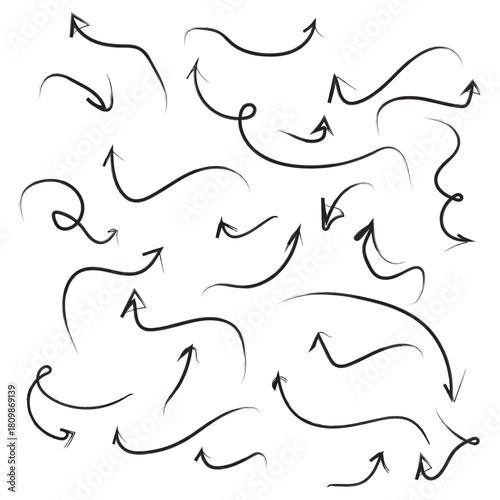 Set of hand drawn vector arrows, grunge doodle spiral, and curved charcoal, chalk arrows on a white background. Scribble symbols of direction pointers, swirl arrow elements for infographic design