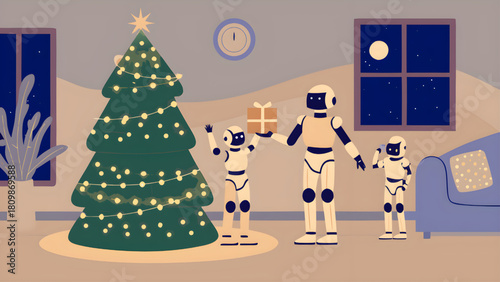 A robot family celebrating christmas with a decorated tree and a gift in a cozy indoor setting