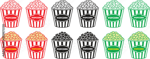 Popcorn bucket silhouette icons set. Minimalist popcorn box vector illustration isolated on transparent background. Eps 10