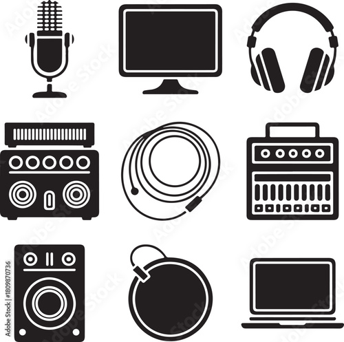 Black and White Silhouette Illustration of Recording Studio Equipment Mic Monitor Headphone Soundboard Amplifier Cable Recorder Pop Filter Laptop