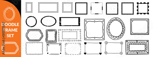 Doodle frame set, vector hand drawn stamp border, vintage abstract wavy post stamp simple design. Blue decorative rectangle label, empty banner shape collection. Coastal retro postmark doodle big set