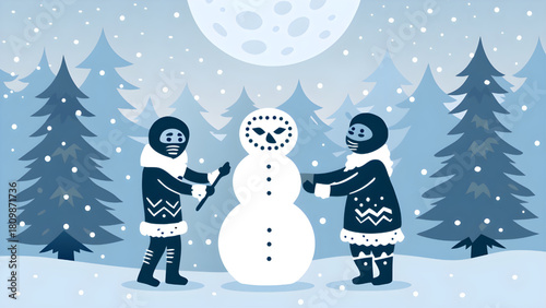 Two people building a snowman in a snowy forest under a full moon in a winter holiday scene art