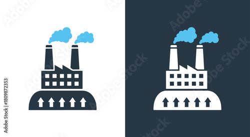 Factory with smoke stacks and arrows - Vector icon symbol for website - Icon vector - Blue icon vector - Line and glyph solid icon and logo template