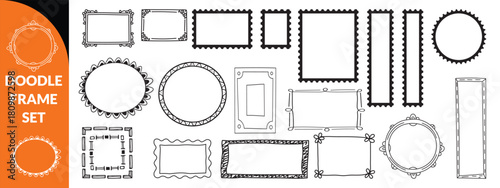 Doodle frame set, vector hand drawn stamp border, vintage abstract wavy post stamp simple design. Blue decorative rectangle label, empty banner shape collection. Coastal retro postmark doodle big set