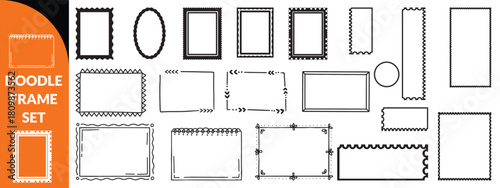 Doodle frame set, vector hand drawn stamp border, vintage abstract wavy post stamp simple design. Blue decorative rectangle label, empty banner shape collection. Coastal retro postmark doodle big set