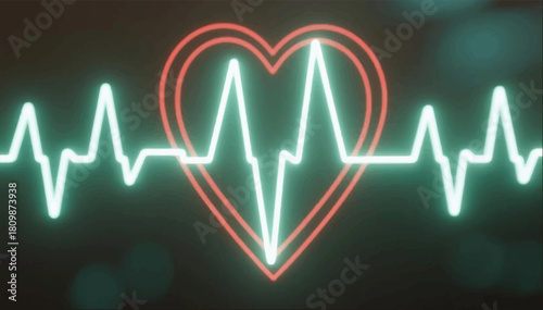 An illustration of a neon scarlet heart and its green pulse hovering in space. Vector graphics. EPS.