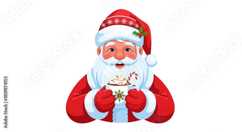 Santa smiles while holding a mug of hot cocoa with whipped cream and a candy cane in it